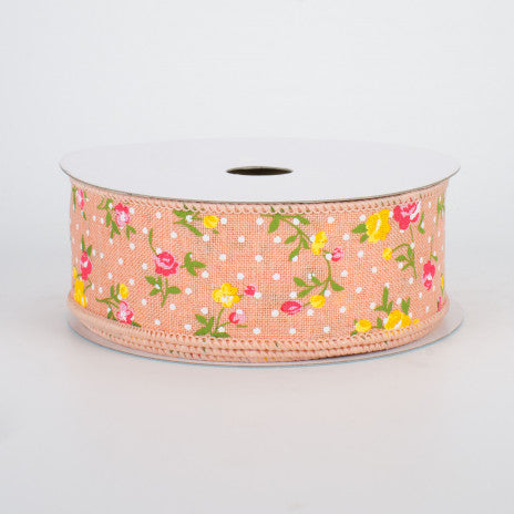 1 1/2" Vintage Floral Dots Wired Ribbon: Peach - 1 Yard - Sugar Pink Boutique