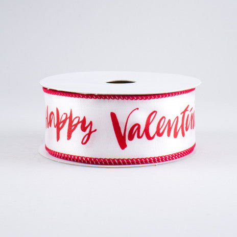 1 1/2" Happy Valentine's Day Satin Wired Ribbon: White - 1 Yard - Sugar Pink Boutique