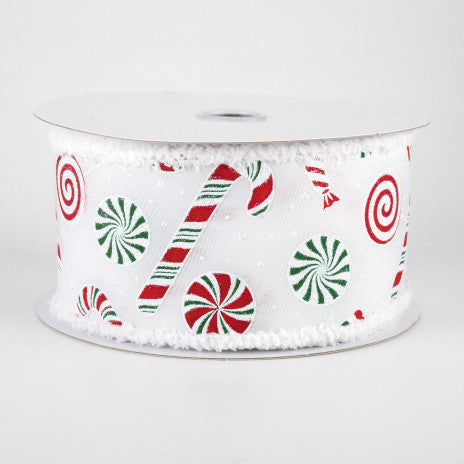 2 1/2" Red & Green Candy Cane & Peppermint Fuzzy Wired Edge Ribbon: White - 1 Yard - Sugar Pink Boutique