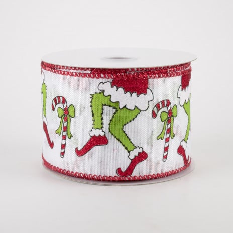 2 1/2" Christmas Green Monster Legs & Candy Canes Wired Ribbon: Red - 1 Yard - Sugar Pink Boutique