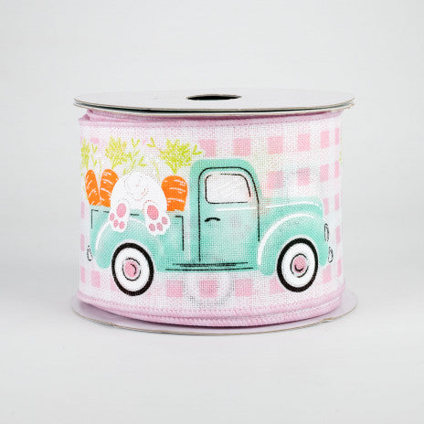 2 1/2" Truck With Bunny Check Wired Ribbon: Light Pink - 1 Yard - Sugar Pink Boutique