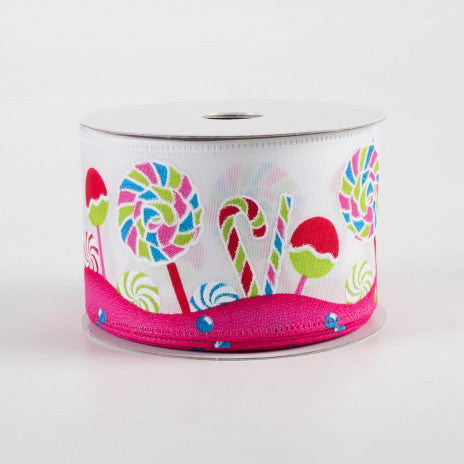 2 1/2" Satin Christmas Lollipops Candy Wired Ribbon: White, Teal, Pink - 1 Yard - Sugar Pink Boutique