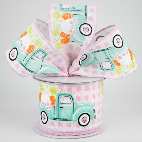 2 1/2" Truck With Bunny Check Wired Ribbon: Light Pink - 1 Yard - Sugar Pink Boutique