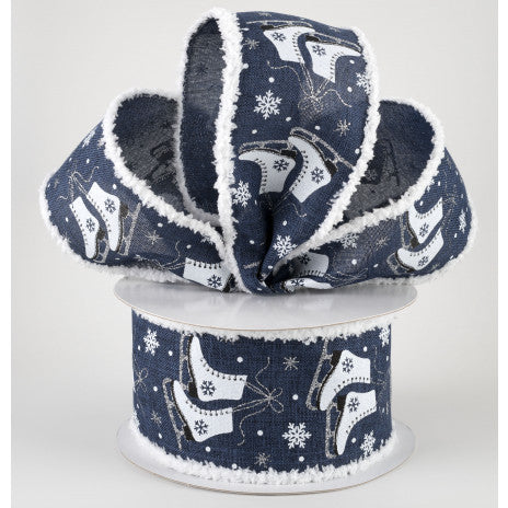 2 1/2" Ice Skates Snow Drift Wired Ribbon: Navy - 1 Yard - Sugar Pink Boutique