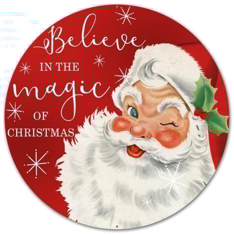 12" Vintage Inspired Round Metal Sign: Cream Santa Believe - Sugar Pink Boutique