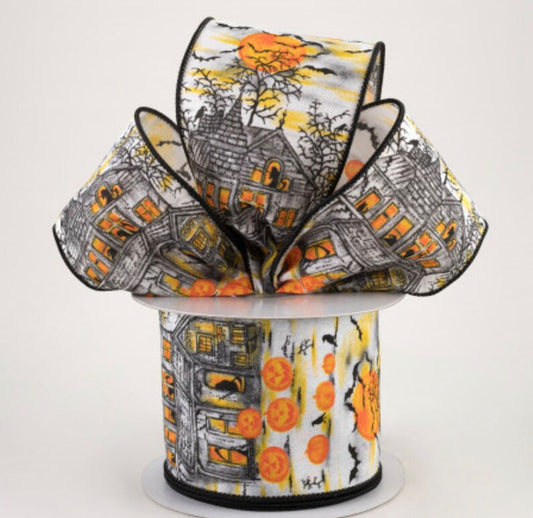 2 1/2" Haunted House Pumpkins Wired Ribbon: White - 1 Yard - Sugar Pink Boutique