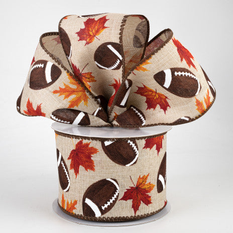 2 12" Fall Leaf Football Wired Ribbon: Natural - 1 Yard - Sugar Pink Boutique