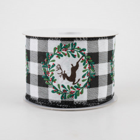 2 1/2" Black & White Buffalo Plaid Deer Wired Wreath Ribbon - 1 Yard - Sugar Pink Boutique