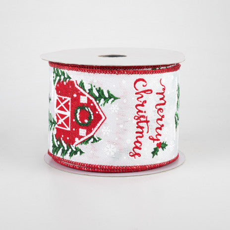2 1/2" Christmas Red Barn Wired Ribbon: White - 1 Yard - Sugar Pink Boutique
