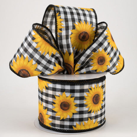 2 1/2" Sunflowers on Gingham Wired Ribbon: Black & White - 1 Yard - Sugar Pink Boutique