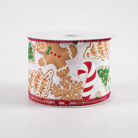 Gingerbread Cookies Candy Cane Wired Ribbon: White - 1 Yard - Sugar Pink Boutique