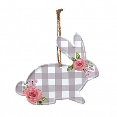 7" Grey Plaid Bunny Sign With Floral Blooms - Sugar Pink Boutique
