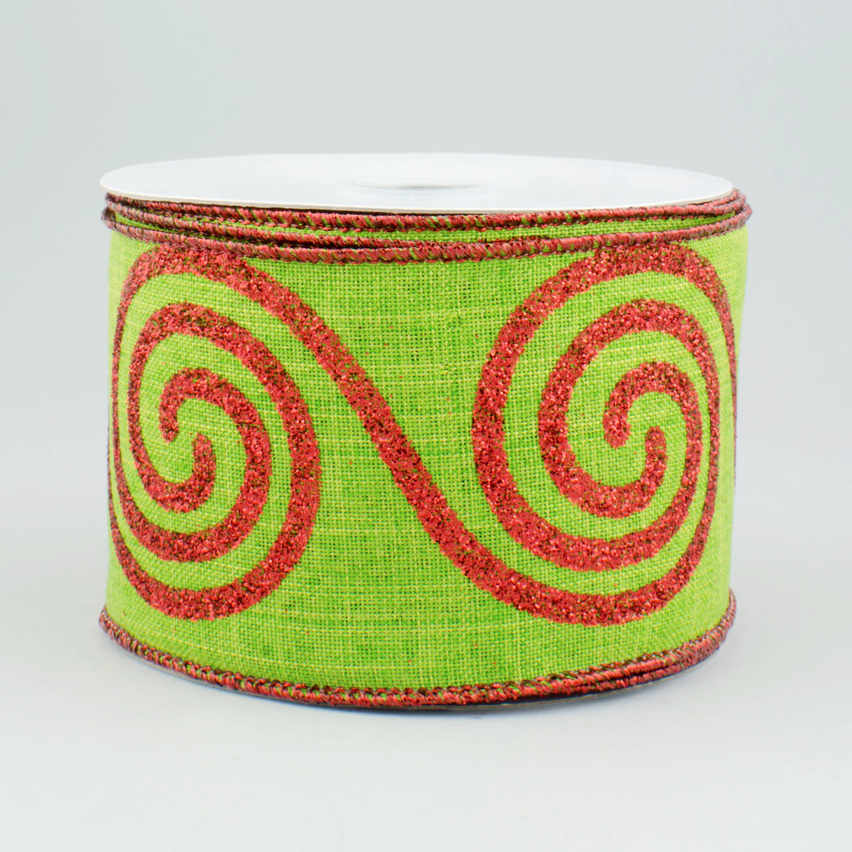 2 1/2" Glitter Large Swirl Wired Ribbon: Fresh Green & Red - 1 Yard