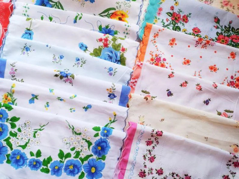 Set of 6 - Assortment of Floral Vintage Style Scalloped Edge Cotton Handkerchiefs