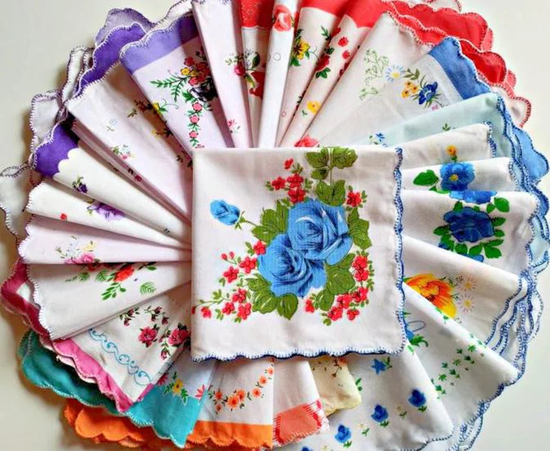 Set of 6 - Assortment of Floral Vintage Style Scalloped Edge Cotton Handkerchiefs