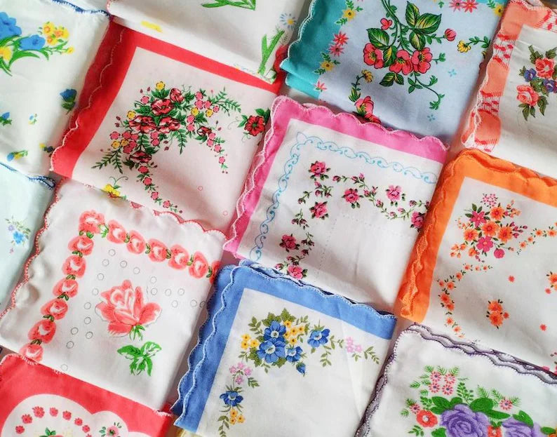 Set of 6 - Assortment of Floral Vintage Style Scalloped Edge Cotton Handkerchiefs