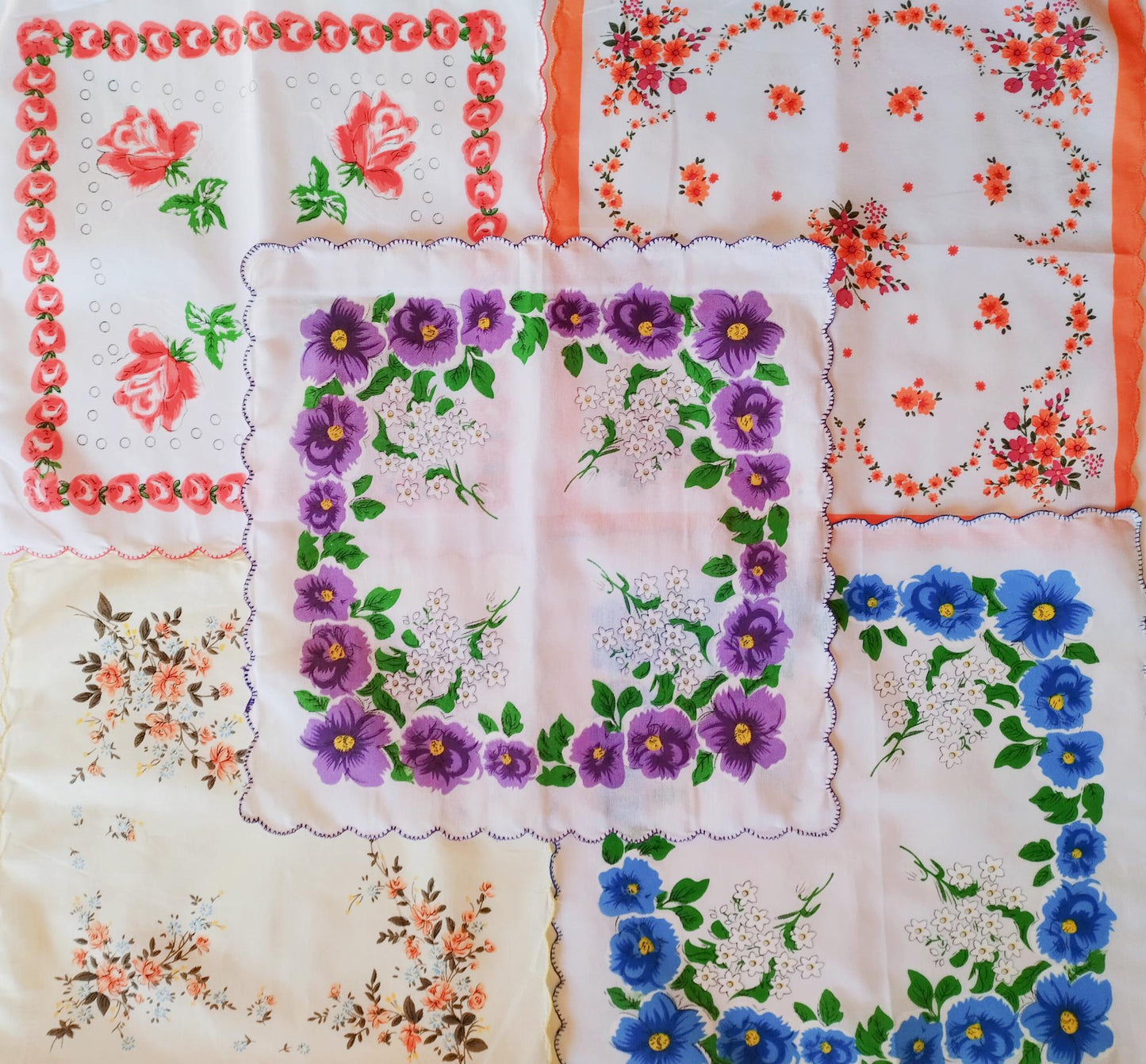 Set of 6 - Assortment of Floral Vintage Style Scalloped Edge Cotton Handkerchiefs