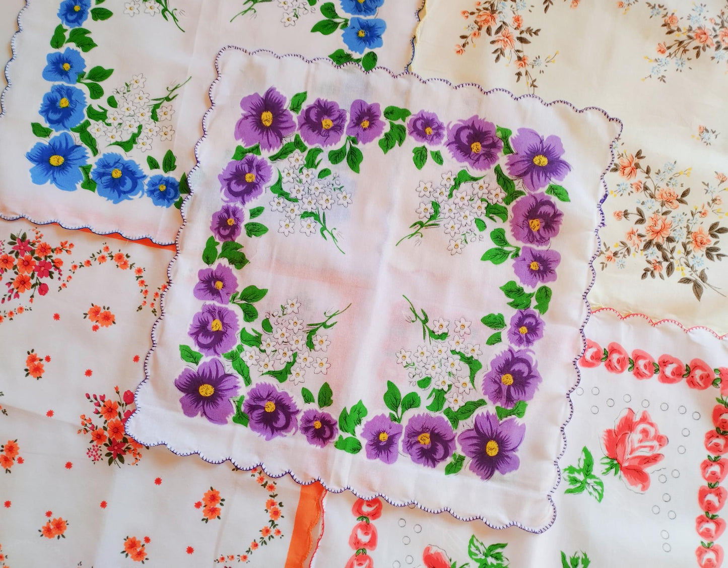 Set of 12 - Assortment of Floral Vintage Style Scalloped Edge Cotton Handkerchiefs