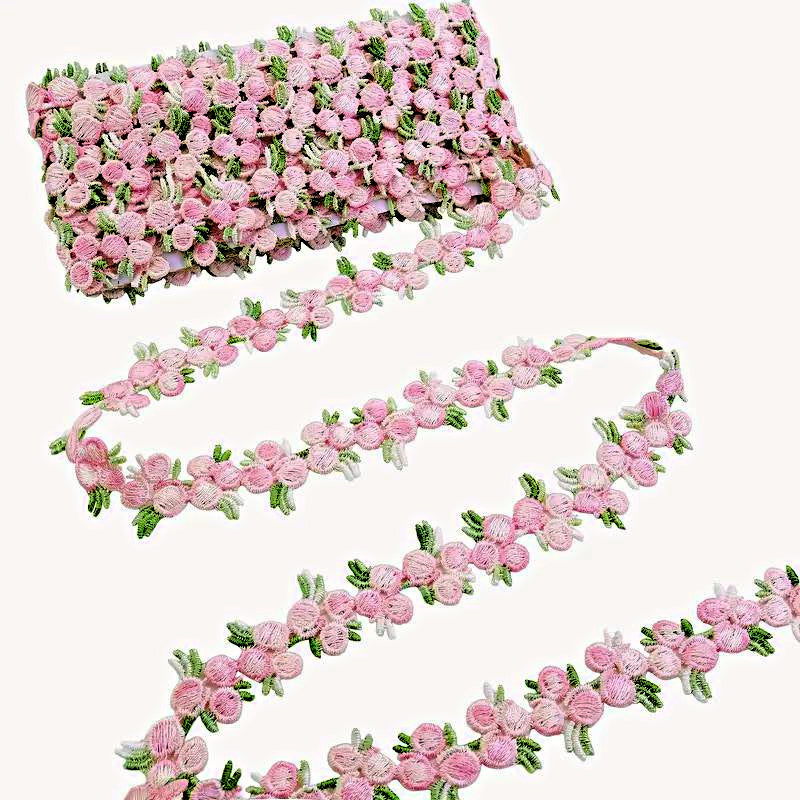 Light Pink and Green Floral Embroidered Lace Trim - .79 inch - 1 Yard