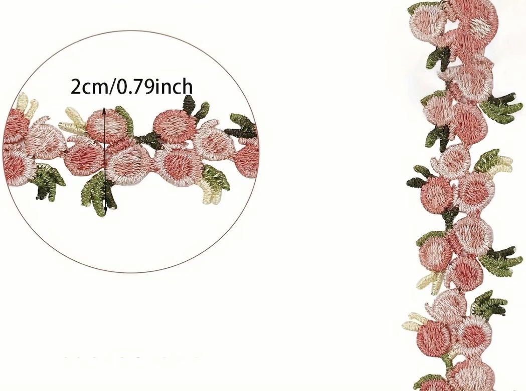 Blush Pink and Moss Green Floral Embroidered Lace Trim - .79 inch - 1 Yard