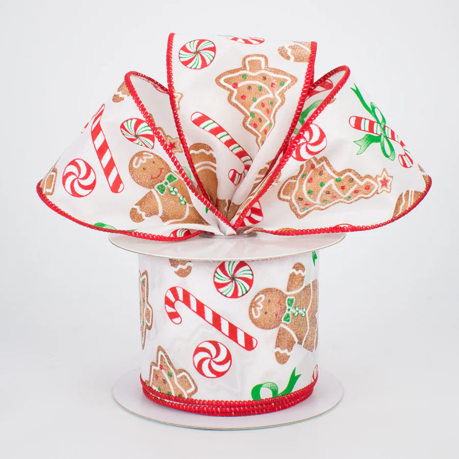 2 1/2" Gingerbread With Candy Wired Ribbon: White - 1 Yard - Sugar Pink Boutique