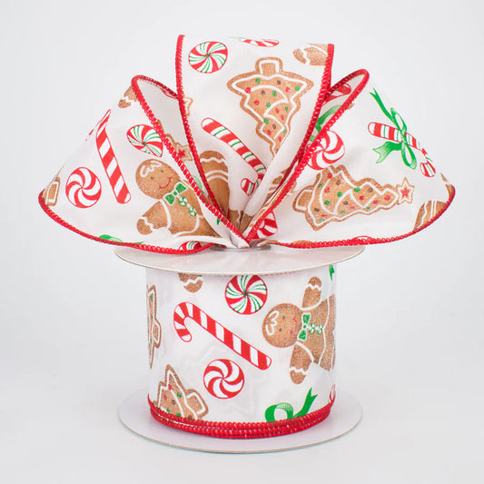 2 1/2" Gingerbread With Candy Wired Ribbon: White - 1 Yard - Sugar Pink Boutique