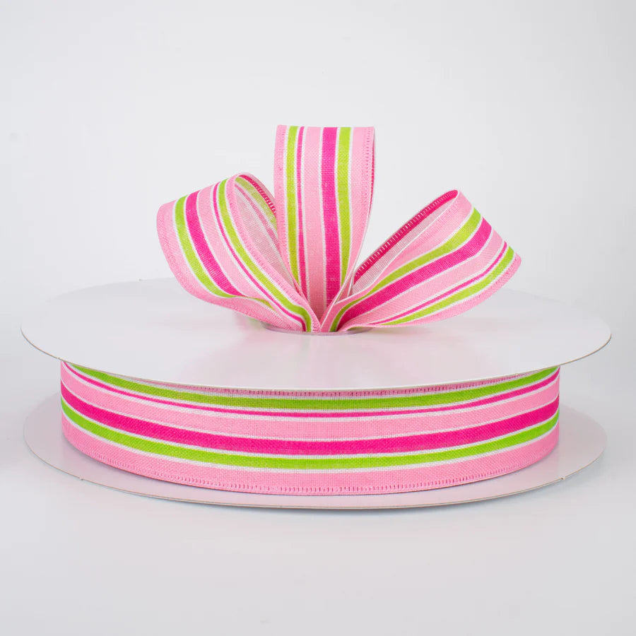 1 1/2" Variating Pink, Lime & Fuchsia Stripe Wired Ribbon - 1 Yard - Sugar Pink Boutique