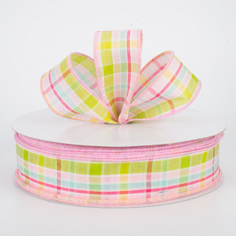 1 1/2" Spring Plaid Wired Ribbon: Pastels - 1 Yard - Sugar Pink Boutique