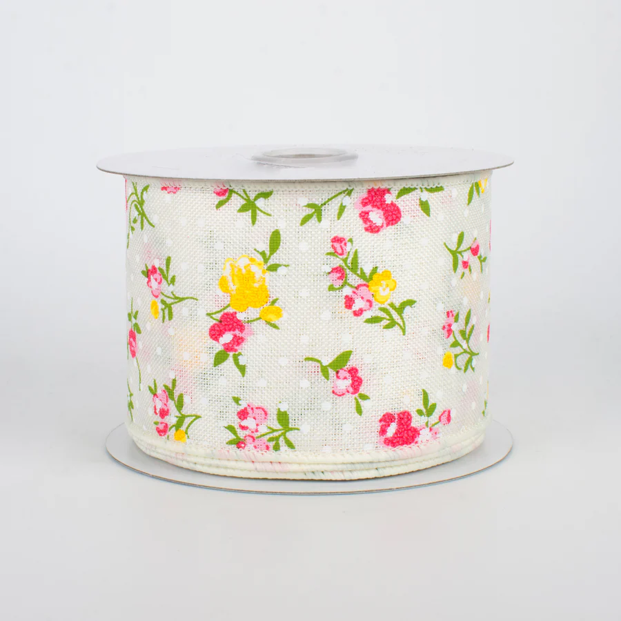 2 1/2" - Floral Swiss Dot Wired Ribbon: Ivory - 1 Yard