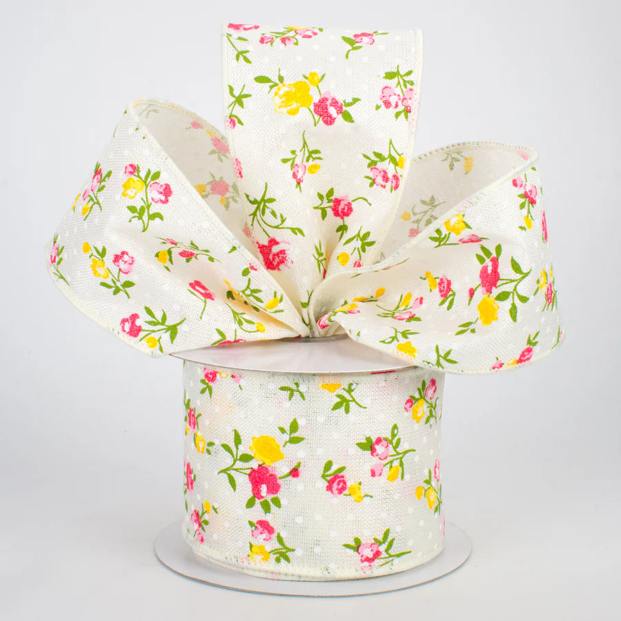 2 1/2" - Floral Swiss Dot Wired Ribbon: Ivory - 1 Yard