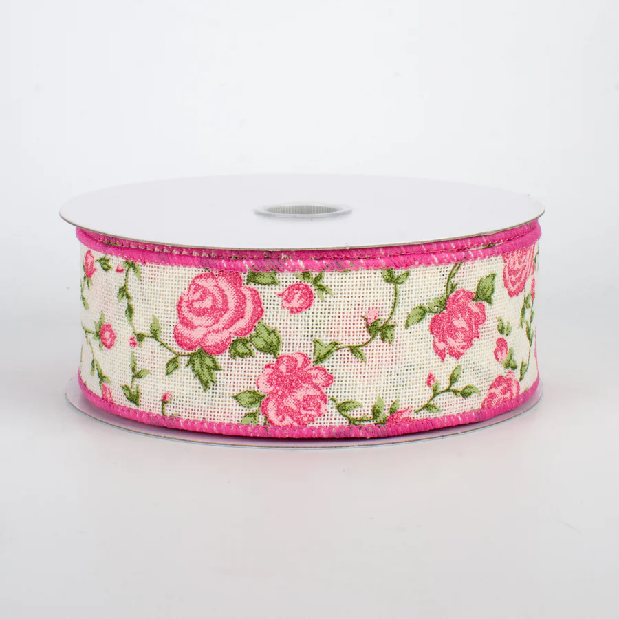 1 1/2" Pink Chintz Wired Ribbon: Ivory - 1 Yard
