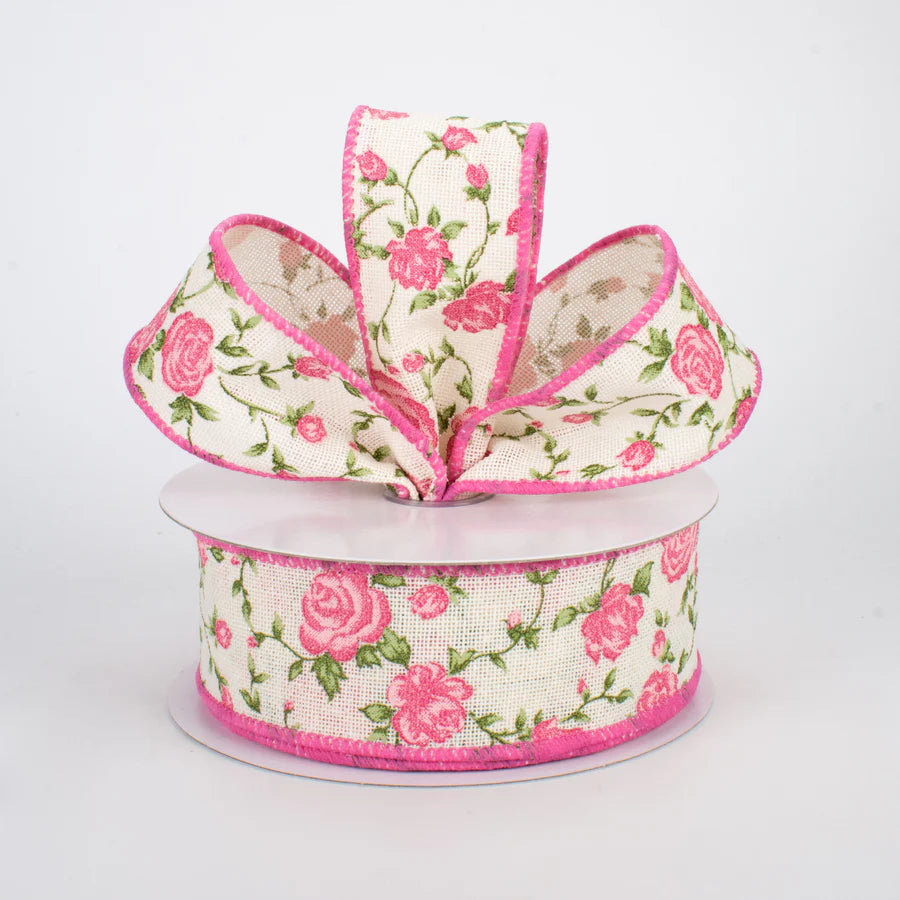 1 1/2" Pink Chintz Wired Ribbon: Ivory - 1 Yard
