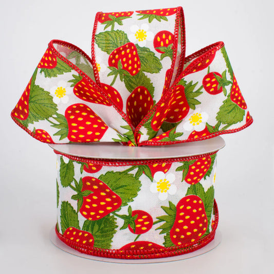 2 1/2" Strawberries Flowers Wired Ribbon: White - 1 Yard - Sugar Pink Boutique