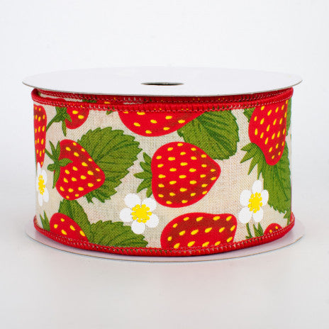 2 1/2" Strawberries Wired Ribbon: Cream - 1 Yard