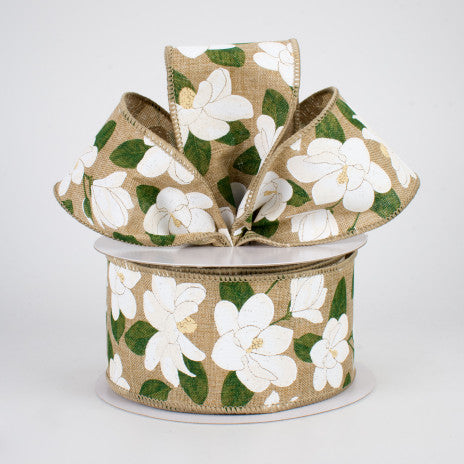 2 1/2" Magnolia Wired Ribbon: Light Beige - 1 Yard - Sugar Pink Boutique