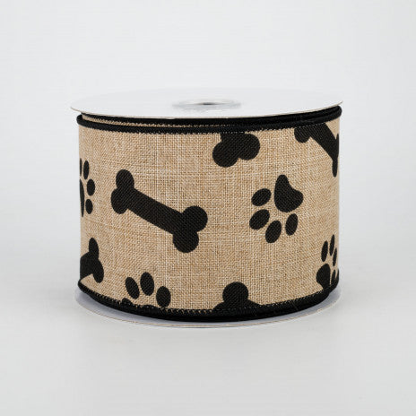 2 1/2" Paw Print & Bones Wired Ribbon: Light Beige & Black - 1 Yard