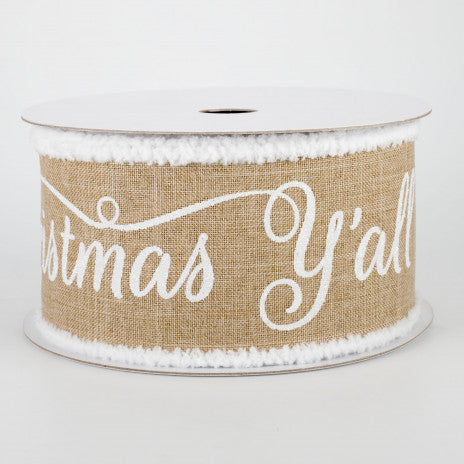 2 1/2" Chenille Edge Merry Christmas Y'all Ribbon: Beige - 1 Yard - Sugar Pink Boutique