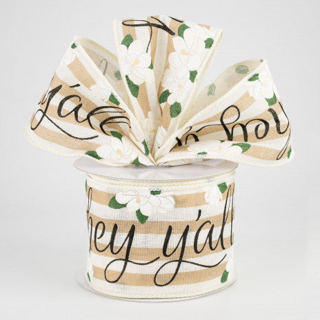2 1/2" Hey Y'all Magnolias Wired Ribbon: Light Beige & Off White - 1 Yard - Sugar Pink Boutique