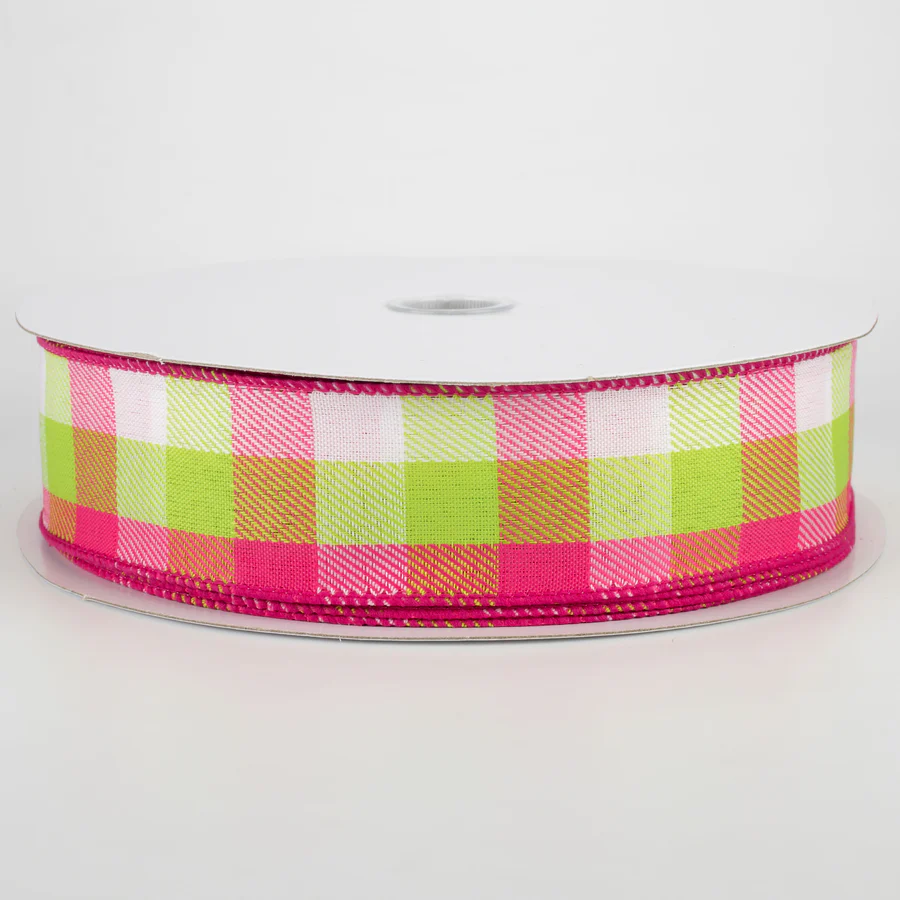 1 1/2" Gingham Lime, Fuchsia & White Wired Ribbon - 1 Yard - Sugar Pink Boutique