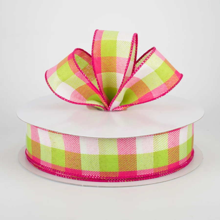 1 1/2" Gingham Lime, Fuchsia & White Wired Ribbon - 1 Yard - Sugar Pink Boutique