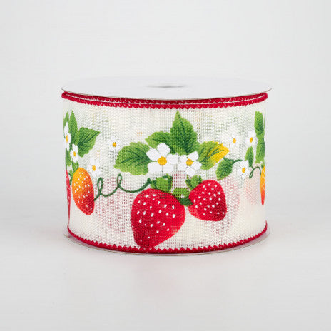 2 1/2" Strawberries Flowers Wired Ribbon: White - 1 Yard - Sugar Pink Boutique