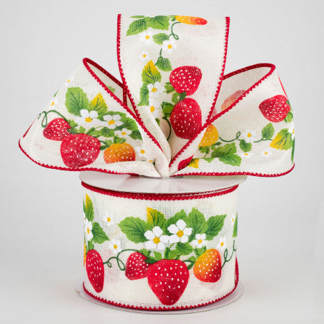 2 1/2" Strawberries Flowers Wired Ribbon: White - 1 Yard - Sugar Pink Boutique