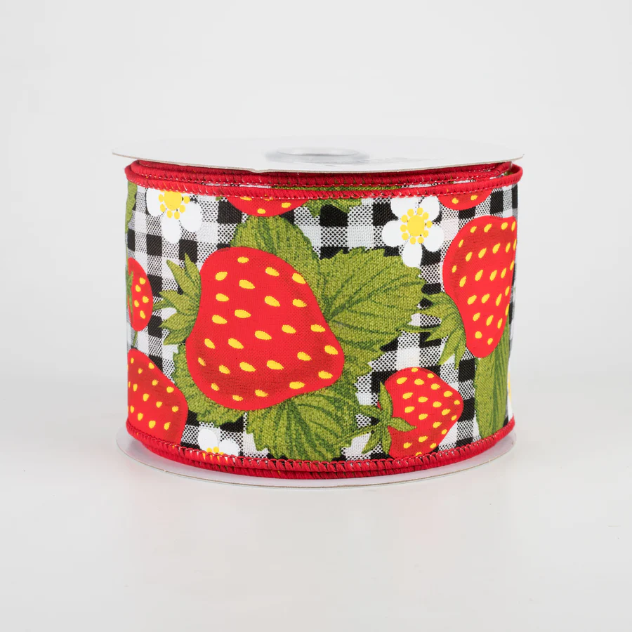 Strawberries on Gingham Wired Ribbon - 1 Yard