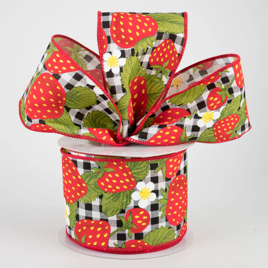 Strawberries on Gingham Wired Ribbon - 1 Yard