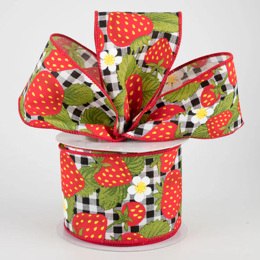 Strawberries on Gingham Wired Ribbon - 1 Yard - Sugar Pink Boutique