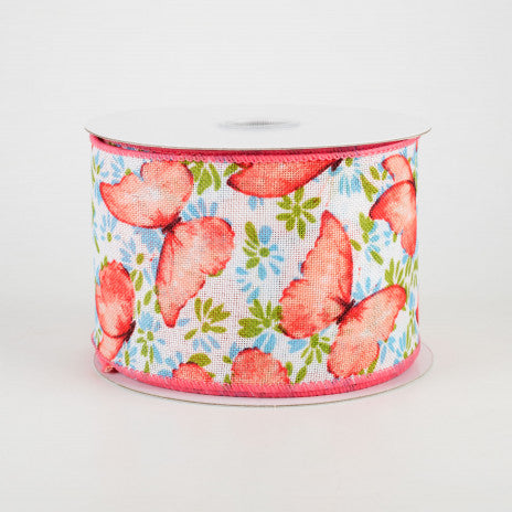 2 1/2 Watercolor Butterflies Wired Ribbon: Coral - 1 Yard - Sugar Pink Boutique