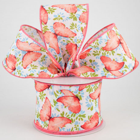 2 1/2 Watercolor Butterflies Wired Ribbon: Coral - 1 Yard - Sugar Pink Boutique