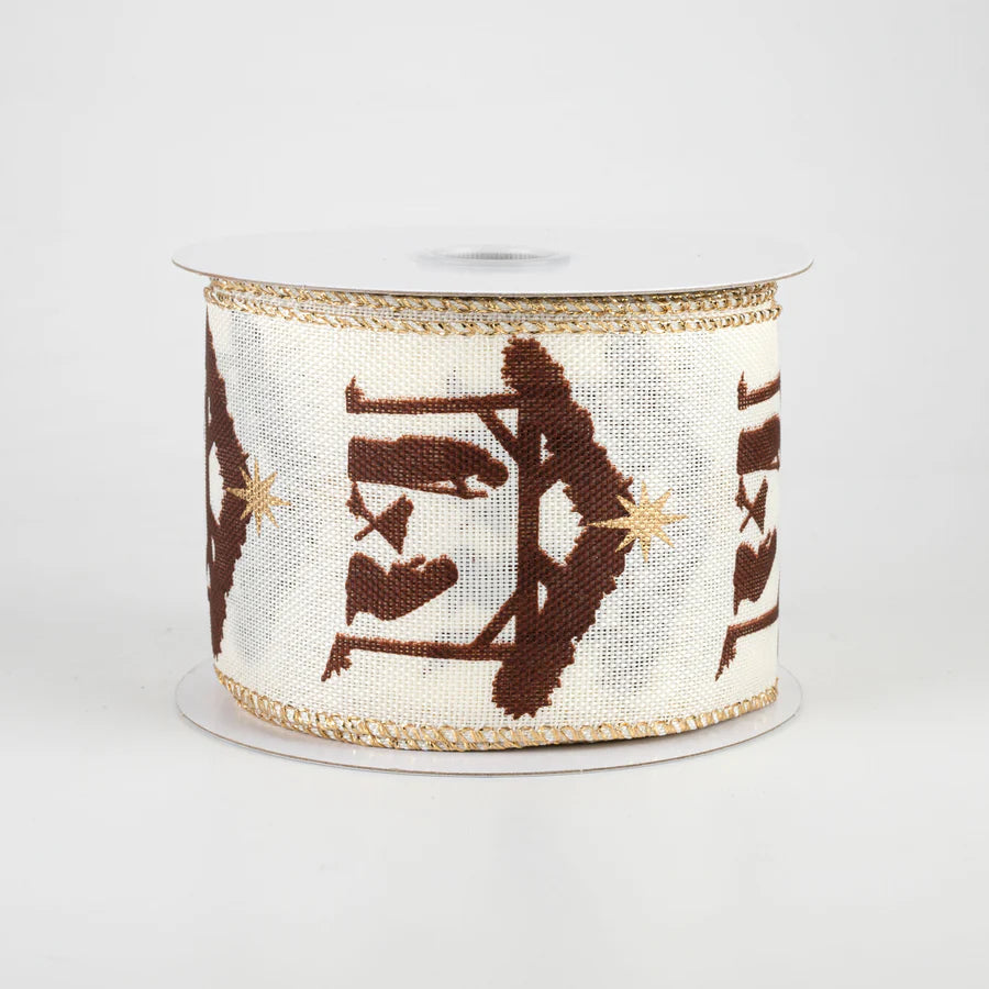 2 1/2" Nativity Creche Wired Ribbon: Ivory & Brown - 1 Yard