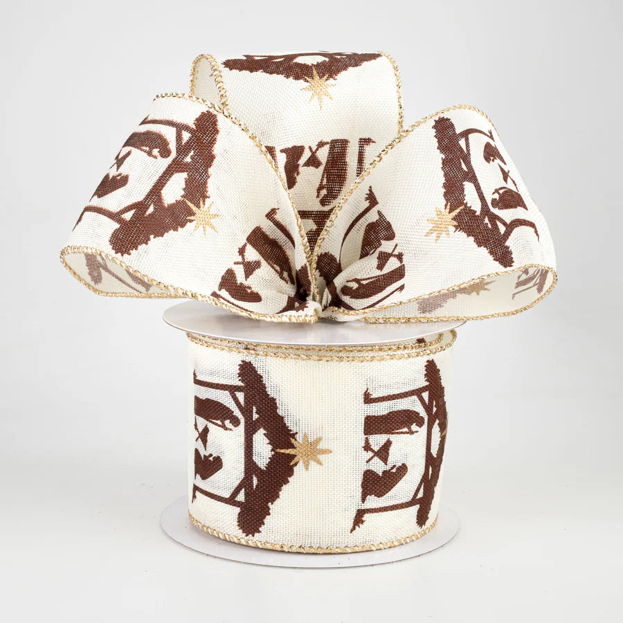 2 1/2" Nativity Creche Wired Ribbon: Ivory & Brown - 1 Yard
