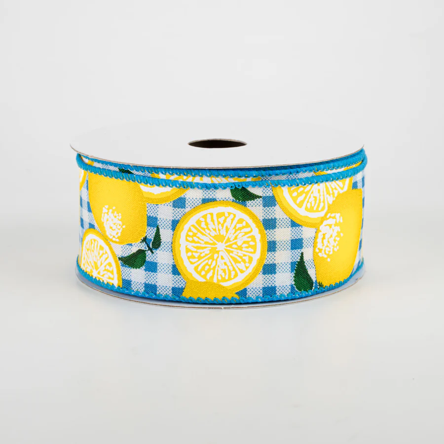 1 1/2" Gingham Lemons Ribbon: Turquoise - 1 Yard